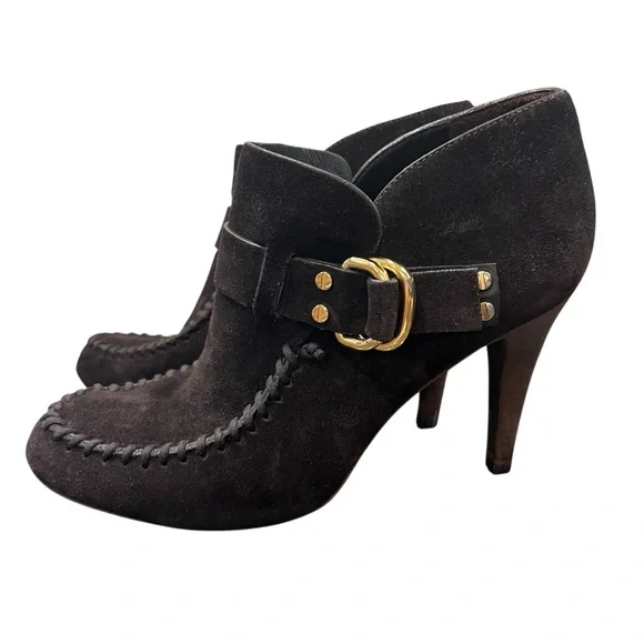 TORY BURCH Belen Suede Ankle Stiletto Booties Brown Buckle Women’s Size 10.5